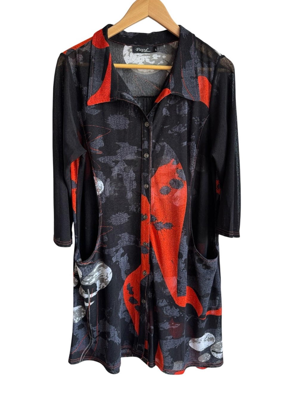 Papa Vancouver Artsy Longline Sheer Tunic Top Sz L Black Red Button Front Shirt